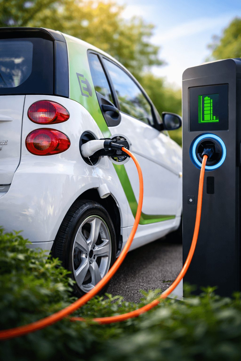Elektrische auto wordt thuis opgeladen aan een laadpaal geïnstalleerd door Volta